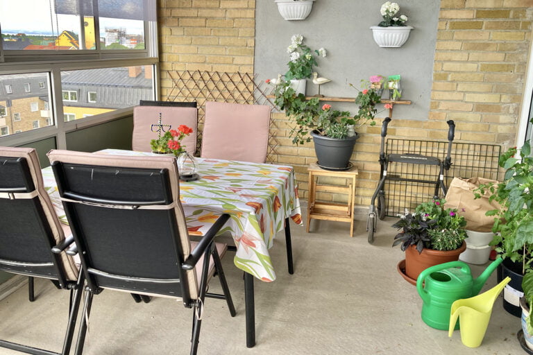 balkong, bord, stolar, växter