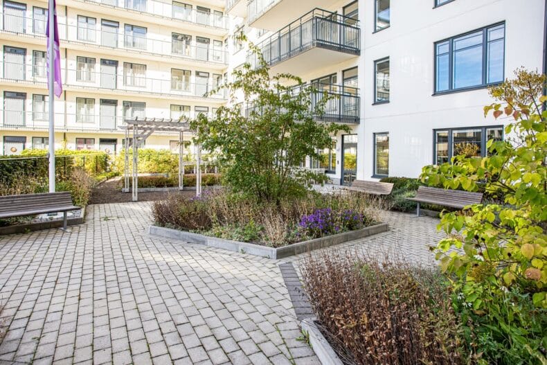 Innergård med många bänkar och rabatter.