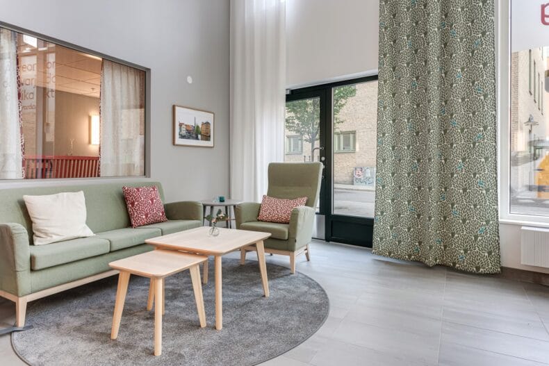 Soffa och fåtölj med soffbord och matta