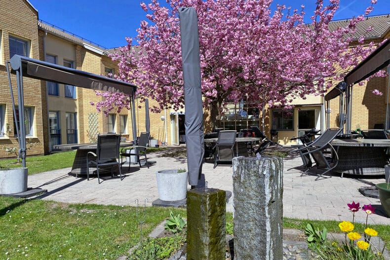 Uteplats med trädgårdsmöbler och körsbärsträd